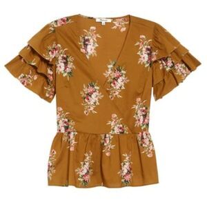 Madewell Cotton Floral Ruffle Sleeve Wrap Top - Brown size 4